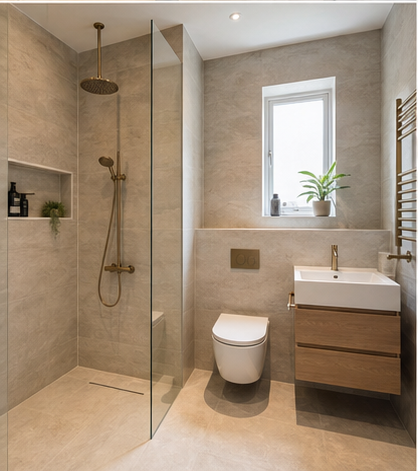 Modern bathroom renovation with stone tile and brushed fixtures