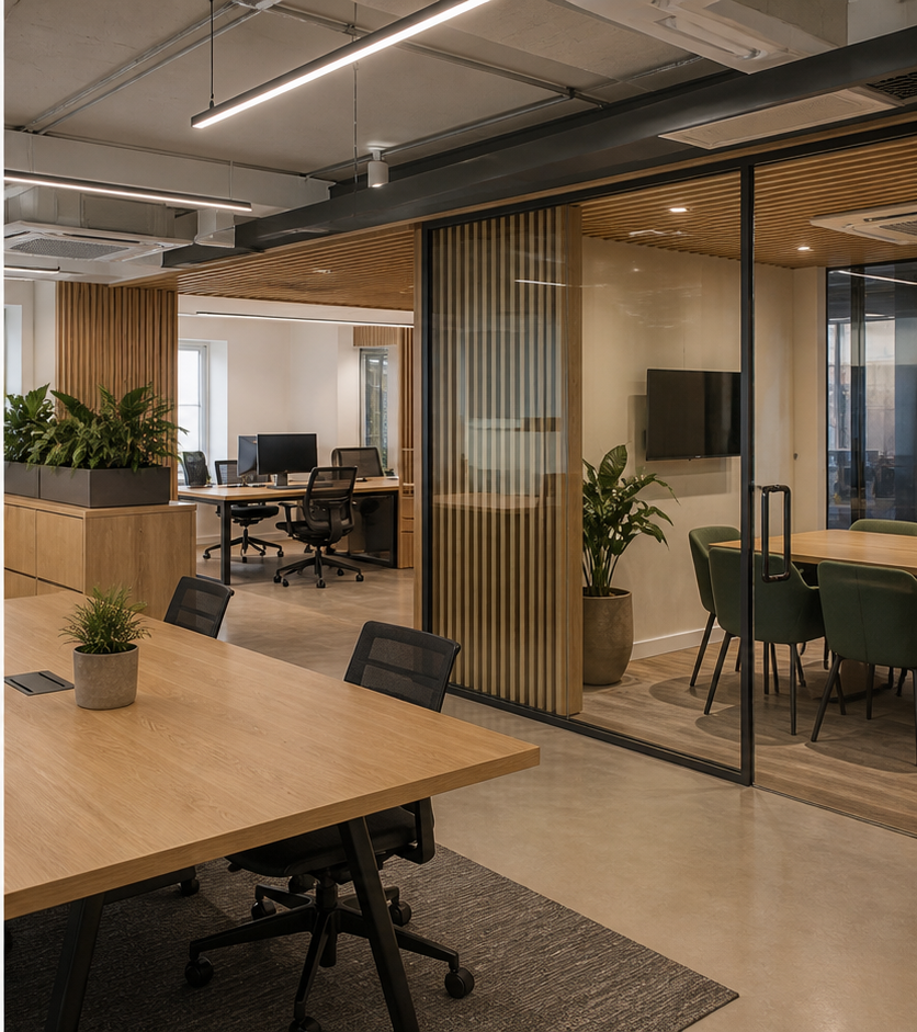 Modern commercial interior fit out with desks and timber details