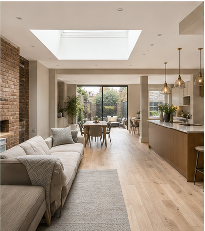 Open plan renovated home interior with warm contemporary finishes