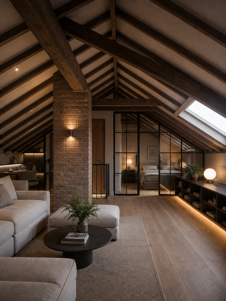 Finished loft living space with skylights and a calm neutral palette