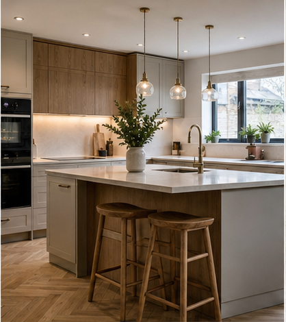 Premium kitchen renovation with pale cabinetry and stone worktops